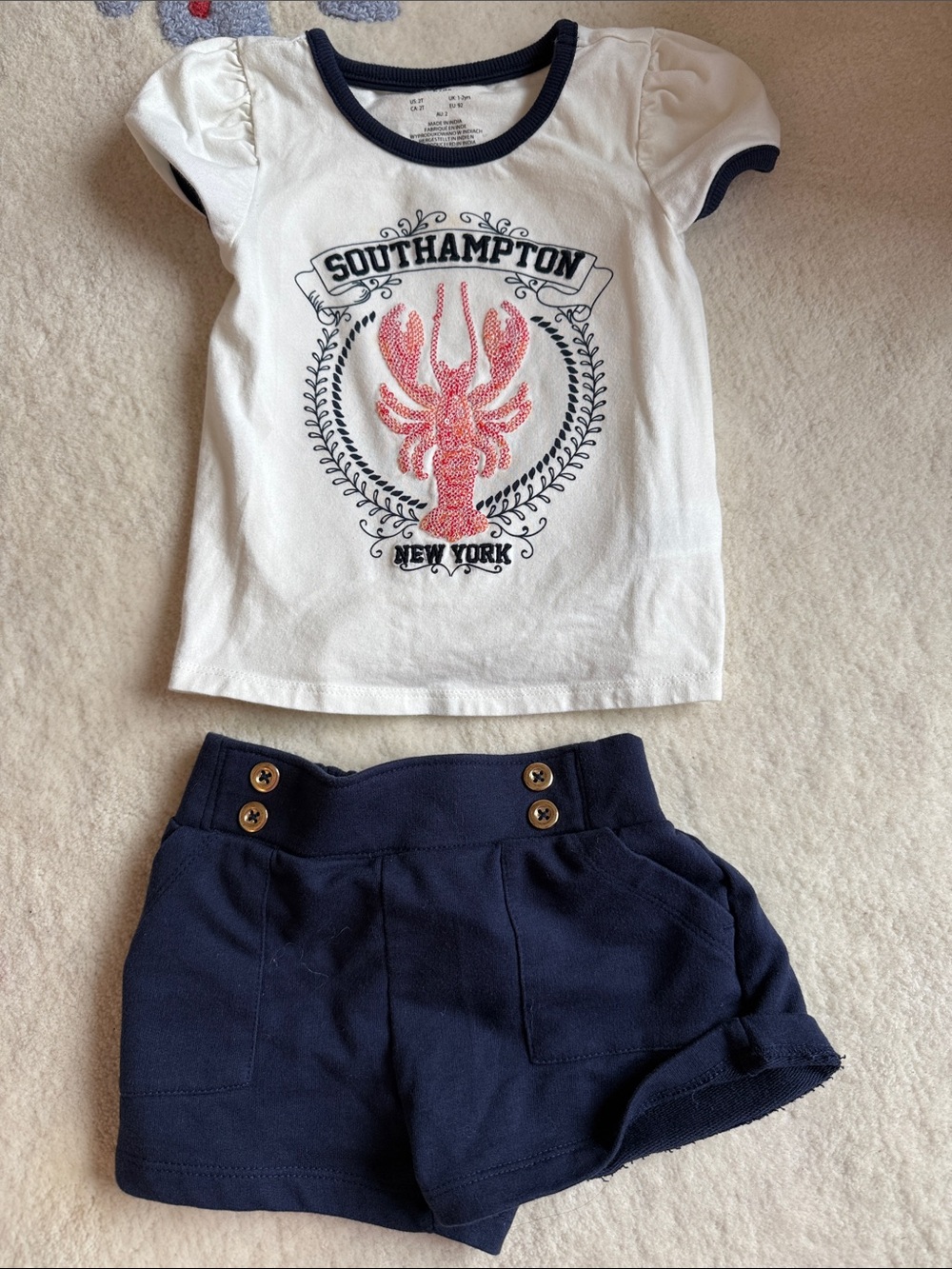Max Studio White Tee with Coral Lobster Graphic and Navy Shorts